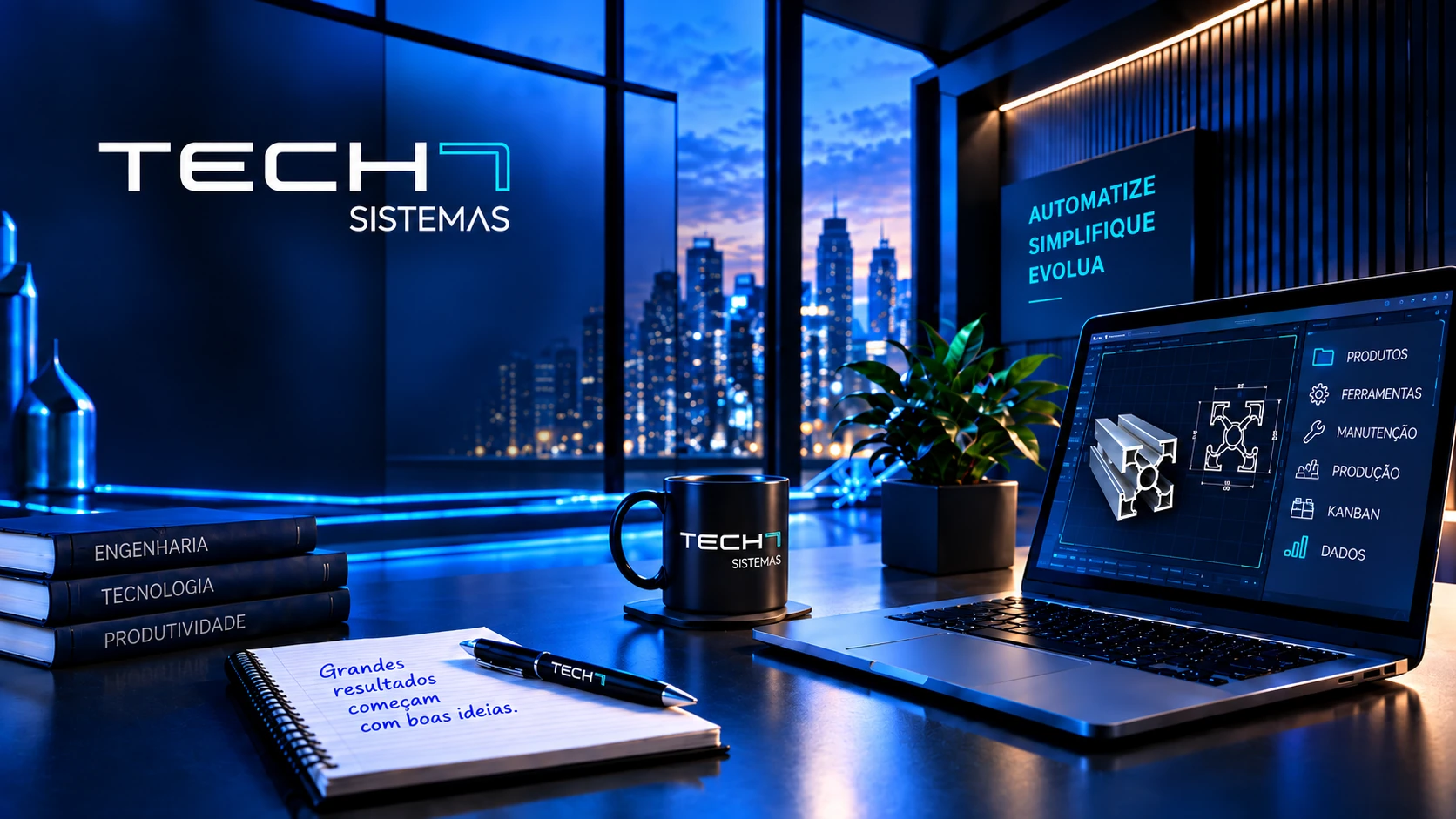 Tech7 Sistemas — escritorio com notebook exibindo o catalogo de perfis de aluminio do FinderPro